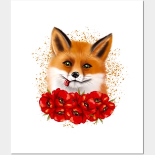 Cute fox face with red poppies Posters and Art